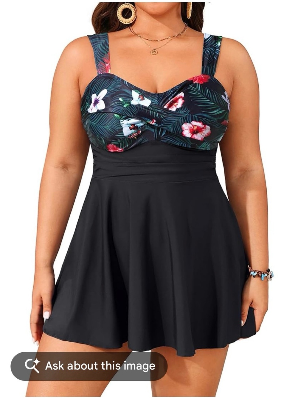 Plus Size Black Swim Dress with Tropical Floral Top and swim shorts